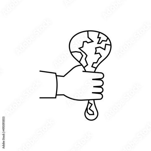 Overconsumption. Human hand squeezing planet. Thin line icon. Climate change, overpopulation, globalization, industrial damage. Vector illustration.