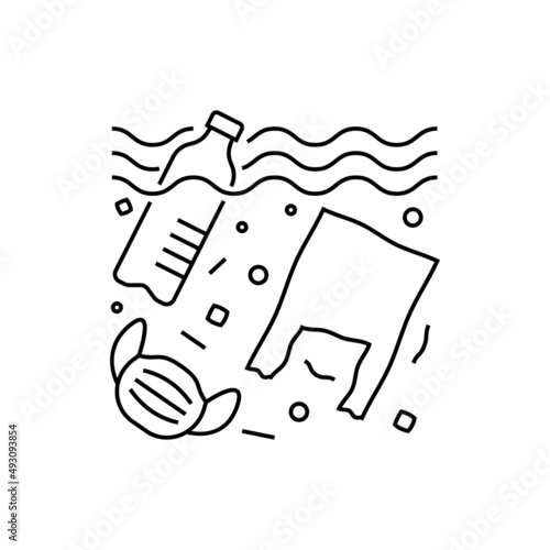 Plastic pollution. Plastic bottle, plastic bottle and medical mask in ocean or sea. Thin line icon. Overconsumption. Trash under water. Vector illustration.