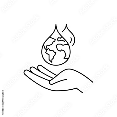 Water consumption concept, water droplet with planet Earth inside falling in human hand. Thin line icon. Save the water, conscious resource consumption. Vector illustration.