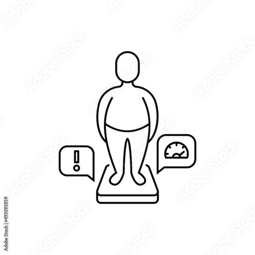 Obesity thin line icon. Man with excess weight on scales. Overeating, health problem. Overconsumption. Vector illustration.