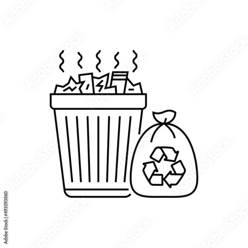 Overloaded trashcan with sign recycle thin line icon. Excess garbage, overconsumption. Vector illustration.