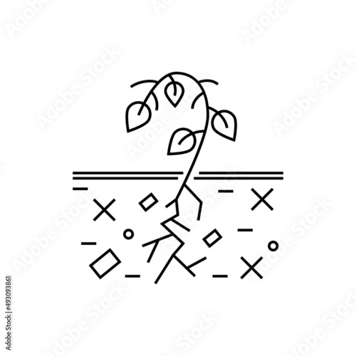 Soil wear thin line icon. Plant cannot grow in depleted soil. Soil erosion by industrial damage. Ecological problem. Overconsumption. Vector illustration.