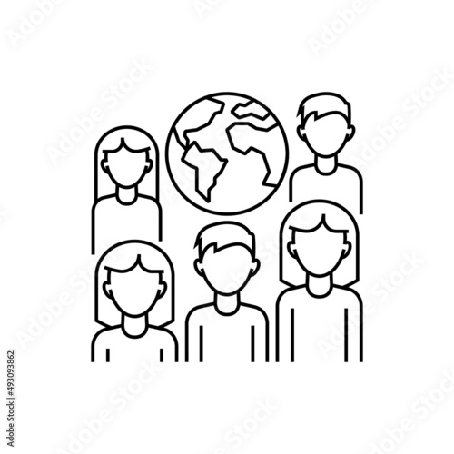 Human overpopulation thin line icon. People around the planet. Overcrowding. Ecological problem. Vector illustration.