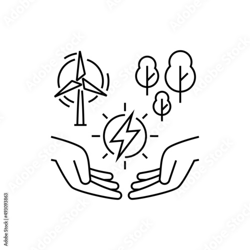 Resource depletion. Sign of energy in human hands, windmill and forests. Overconsumption of natural resources. Loss of resource base thin line icon. Vector illustration.