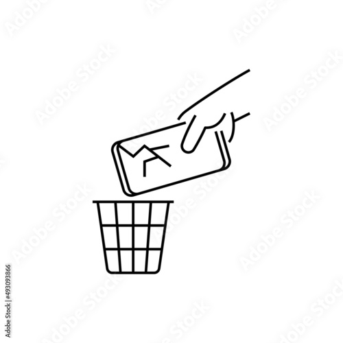 Technological planned obsolescence thin line icon. Broken smartphone thrown into the trash. Overconsumption problem. Vector illustration.