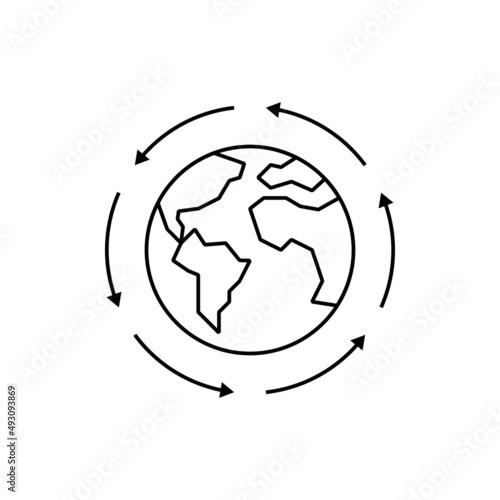 Globalization, arrows around the planet. Thin line icon. International business, worldwide distribution, logistic transportation. Overconsumption. Vector illustration.