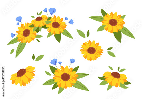 Fototapeta Naklejka Na Ścianę i Meble -  Cute sunflowers bouquet, flower wreath. Sunflowers collection. Vector illustration