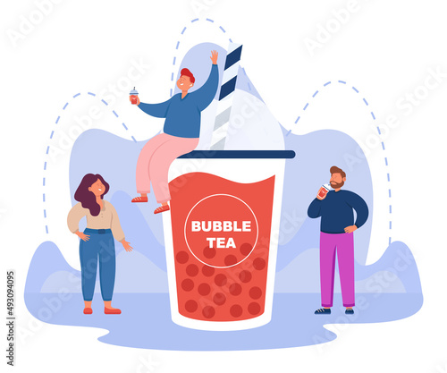 Tiny persons with huge plastic cup of bubble tea. People drinking milk drink with boba balls, fruit flavor flat vector illustration. Summer, beverage concept for banner, website design or landing page