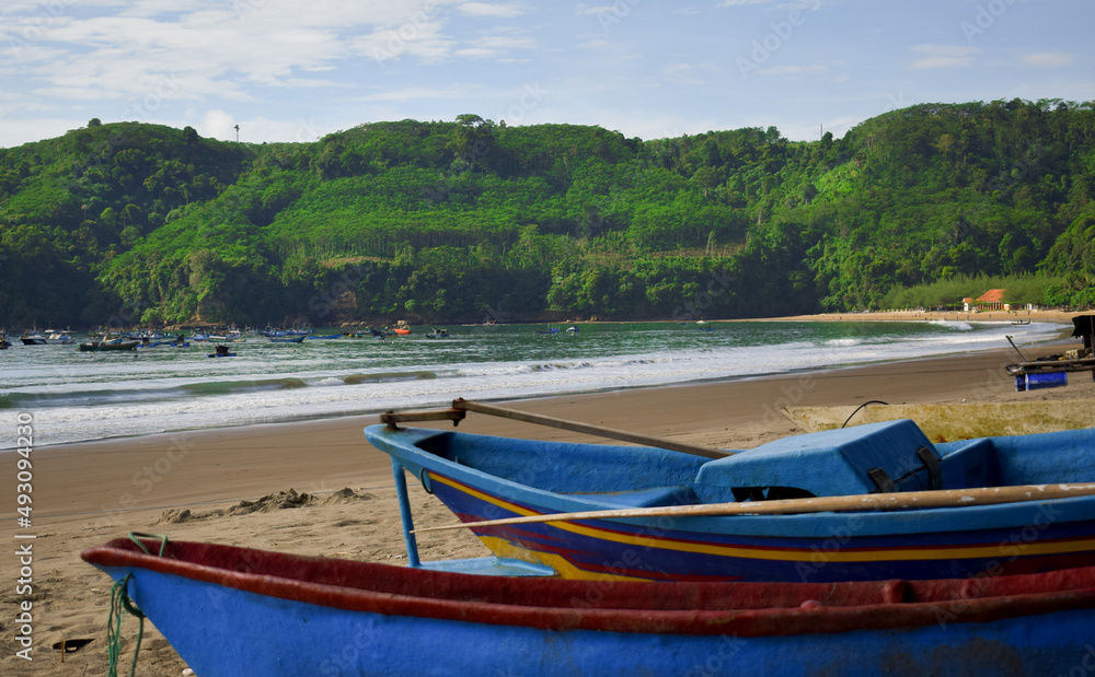 Traditional wooden fishing boats and beautiful hilly beach in East Java province, Indonesia.
boat background on the beach, beautiful Indonesian beaches. beach background.