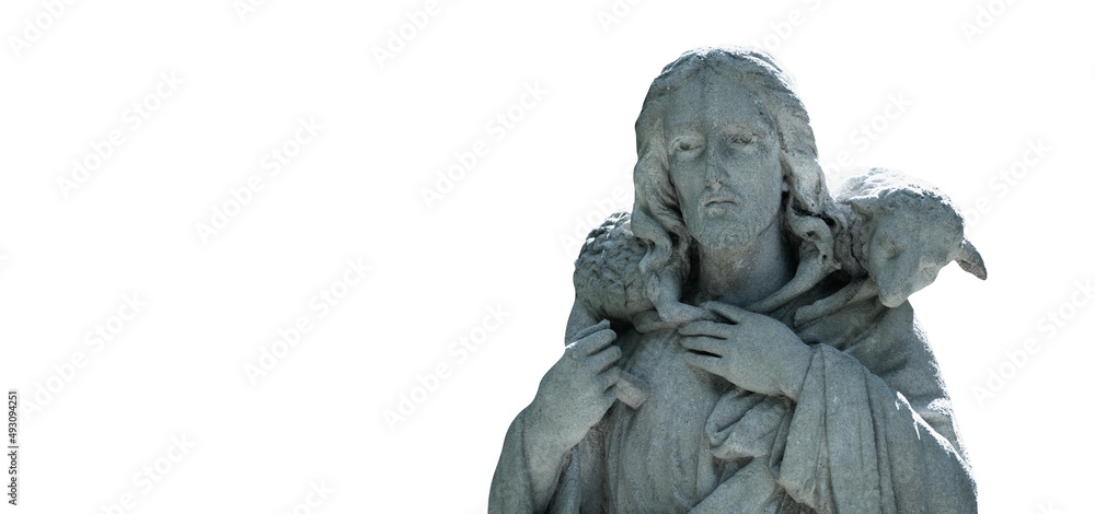 Jesus Christ Good Shepherd with the lost sheep on his shoulders. An ancient statue isolated on white background. Jesus Christ Good Shepherd with the lost sheep on his shoulders. An ancient statue isolated on white background.