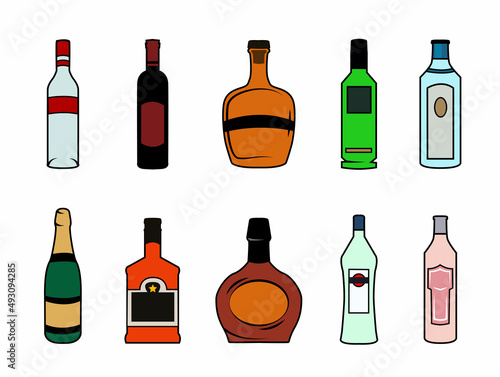Set of alcohol bottles in a doodle style isolated on white background. Collection of alcoholic drinks for menu, cafe, restaurants, pubs, banner, poster, advertising. Wine, cognac, gin, tequila,martini