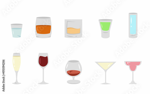 Alcohol drinks and cocktails icon set in flat style. Different alcohol beverages. Bar menu design elements. Collection of alcoholic drinks for menu, cafe, restaurants, pubs, banner, poster,advertising
