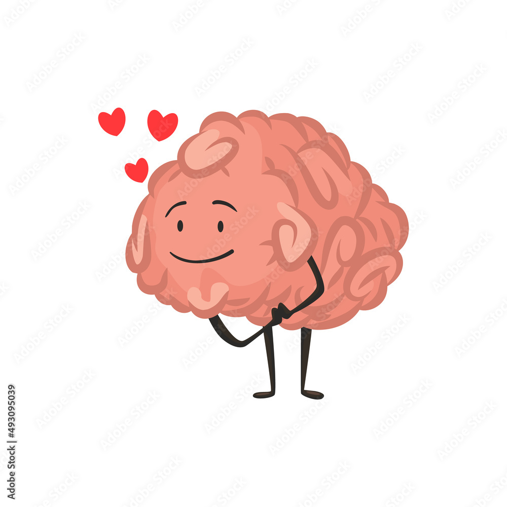 Brain character emotion. Intelligence emoji in love. Cute hero brain emoji isolated on white background. Funny cartoon emoticon Brain character emotion. Intelligence emoji in love. Cute hero brain emoji isolated on white background. Funny cartoon emoticon