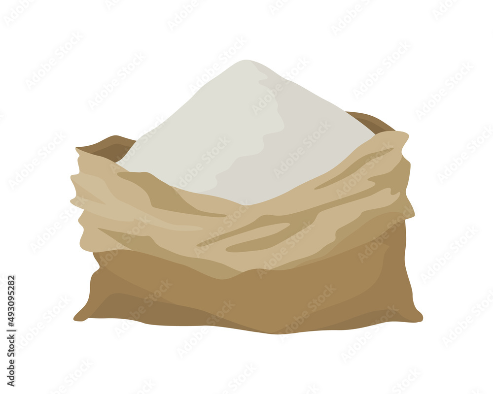Burlap farmer bag for flour, rice or salt. Farm production in brown textile bale, opened with product inside. Cartoon icon isolated on white background Burlap farmer bag for flour, rice or salt. Farm production in brown textile bale, opened with product inside. Cartoon icon isolated on white background