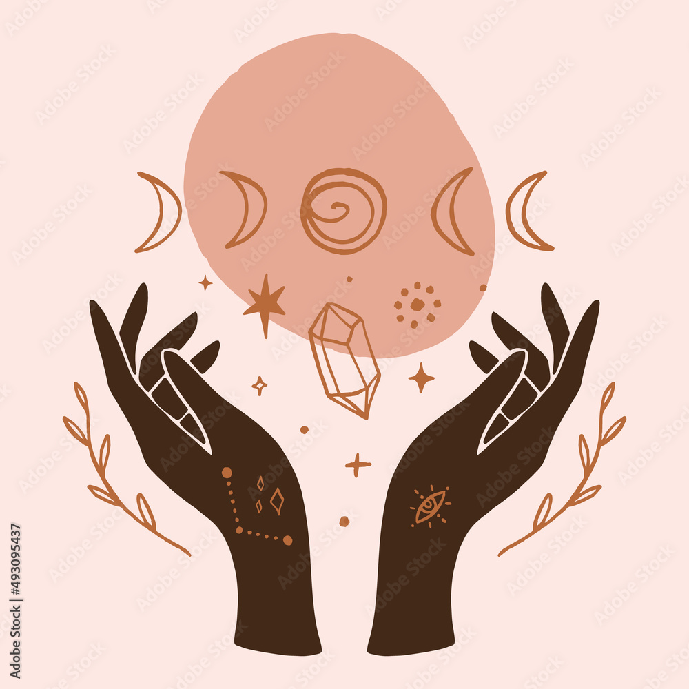 Reiki hand energy magical vector illustration. Magical holistic medicine art concept. Sending love healing energy. - obrazy, fototapety, plakaty 