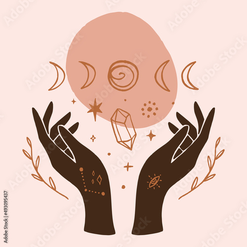 Reiki hand energy magical vector illustration. Magical holistic medicine art concept. Sending love healing energy.