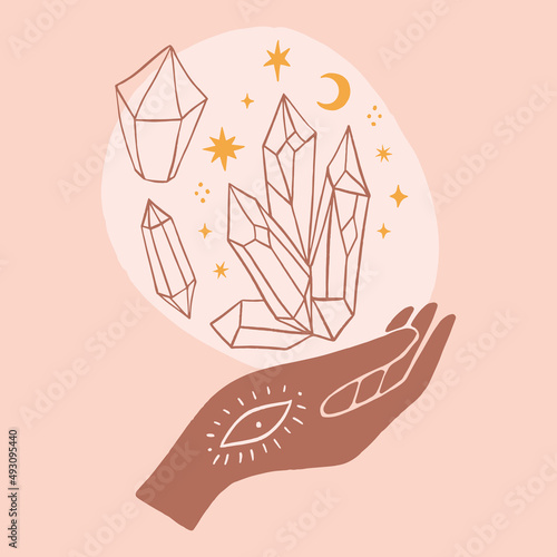 Reiki hand energy magical vector illustration. Magical holistic medicine art concept. Sending love healing energy.