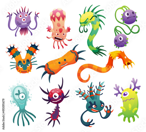 Cartoon bacteria virus. Germ or microbe set. Funny characters collection. Cute kids toy monster icons. Colored stylized drawings  collection