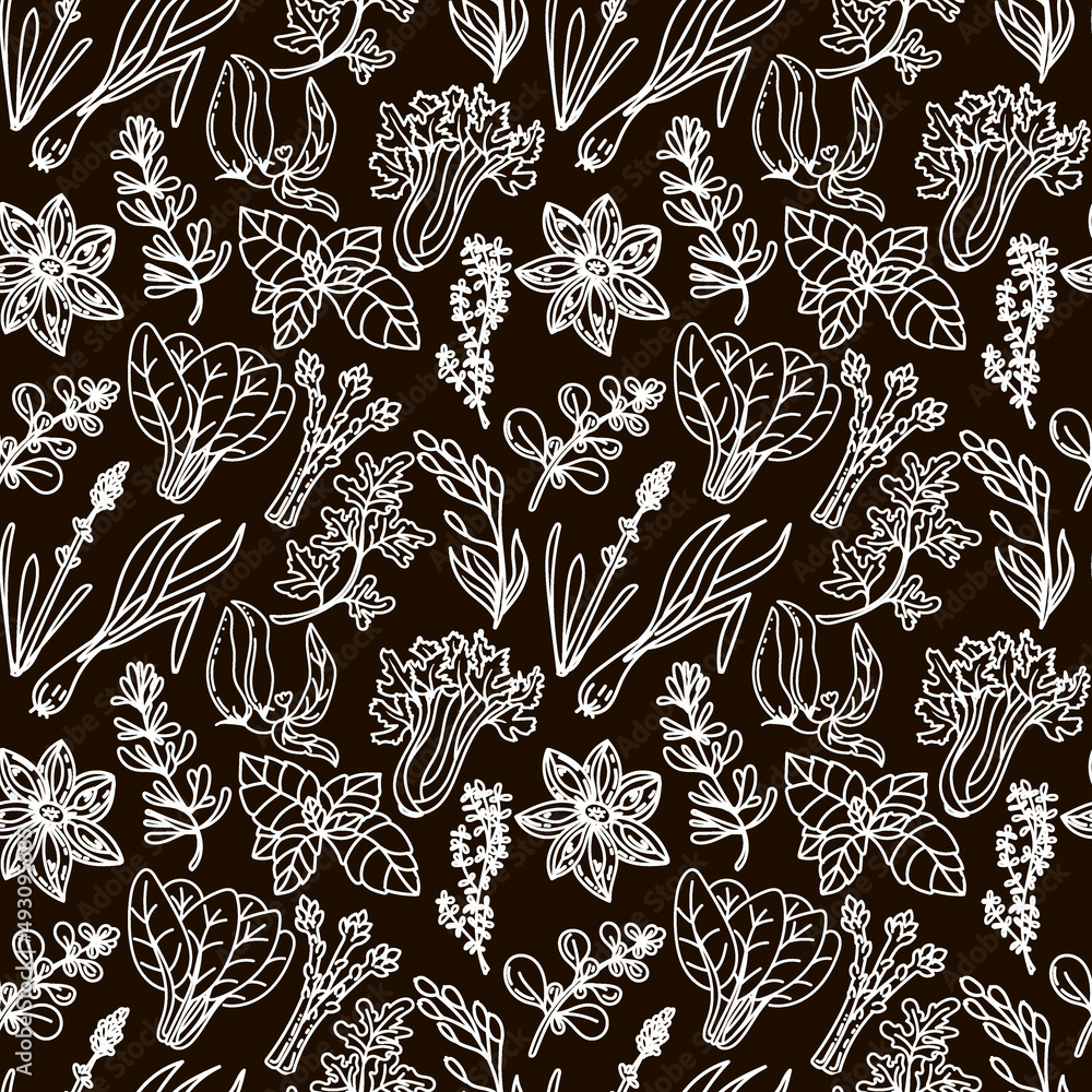 Seamless herbal pattern, drawn element in doodle style. White silhouettes Herbs and spices on black background - chili, vanilla, barberry, rosemary, bay leaf, etc. Pattern in a trendy linear style.