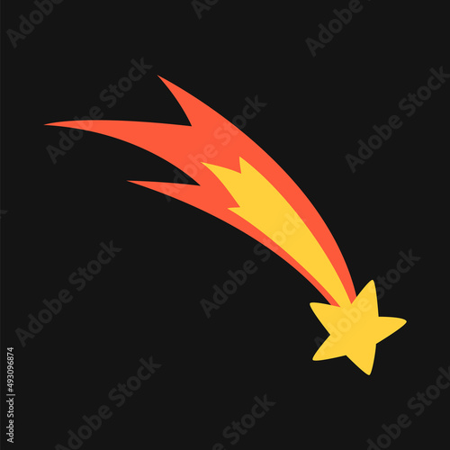 Vector comet with fire tail. Yellow shooting star in flat design.