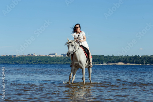 girl on a horse in the river on a sunny day