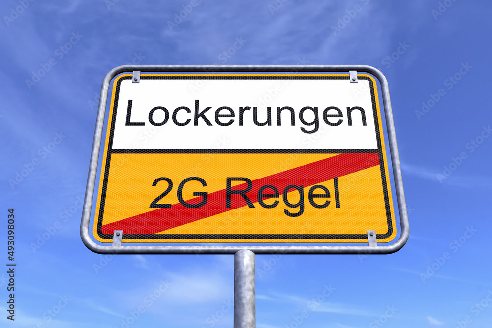 Obraz premium 3d Illustation - Ortsschild - Ortstafel - 2G Regel - Lockerungen - Himmel - Wolken