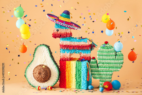 Different Mexican pinatas w...