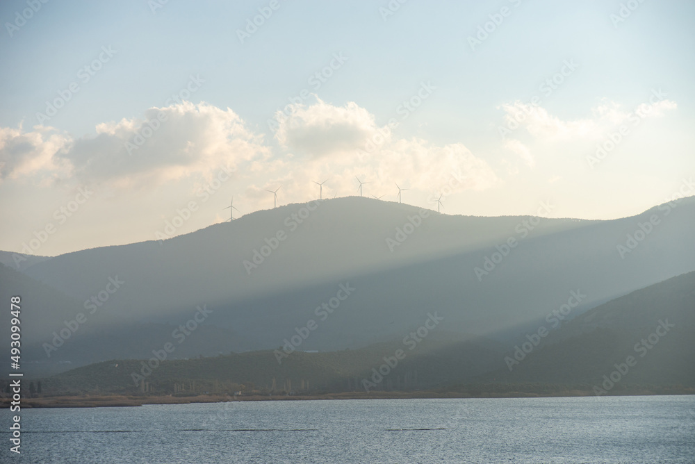 Lake Bafa windmills scenic view in Turkey