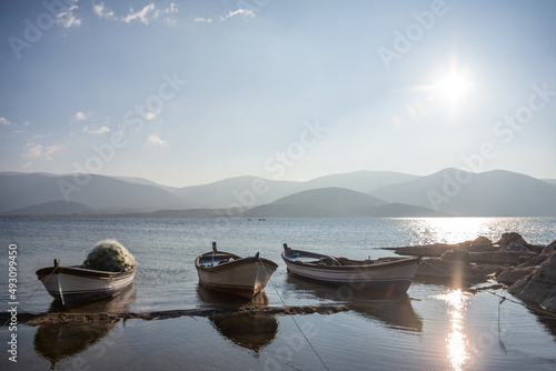Lake Bafa fishing boats scenic view in Turkey