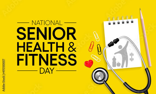 Senior health and fitness day is observed every year on last Wednesday in May. The common goal of this day is to help senior people stay fit and healthy. Vector illustration