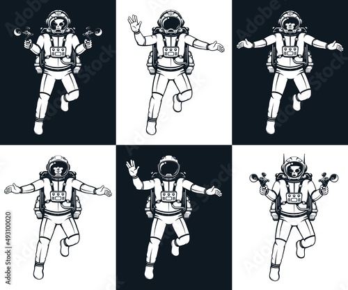 Astronaut in spacesuit retro style. Isolated cosmonaut in comic book style. Alien astronaut in spacesuit and with blasters. Vector image.