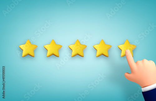 3d cartoon hand pointing, finger pointing to five star rating. Vector illustration rating stars. Feedback, reputation and quality concept. Customer review concept