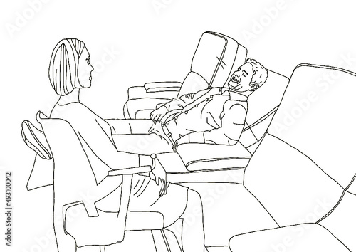 Vektor Rahmenlinien einer Illustration. Eine Psychotherapeutin sitzt auf einem Stuhl und redet mit einem Patienten, der auf einer Couch liegt. Behandlung bei der Psychotherapie.