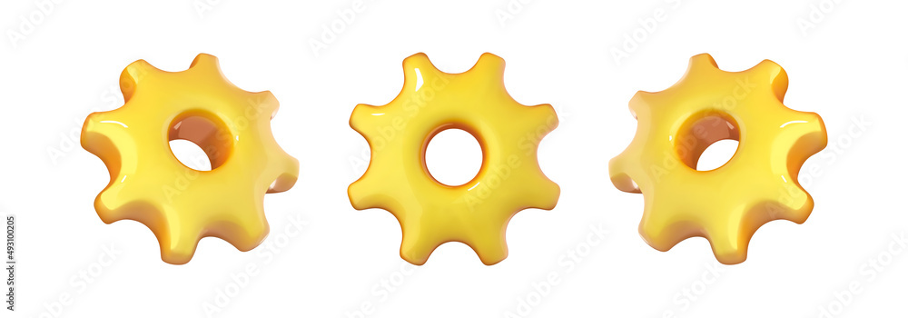 Gear icon in cartoon 3d style isolated on white background. Vector illustration plastic volumetric yellow gear. Gear icon in cartoon 3d style isolated on white background. Vector illustration plastic volumetric yellow gear.
