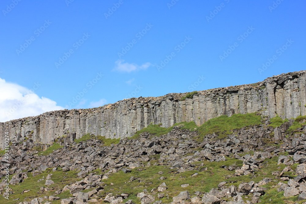 Dramatic hexagon shaped basalt lava columns (horizontal), Snaefellsnes, Iceland