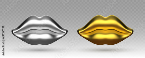 Vector golden and silver metal lips isolated on transparent background.