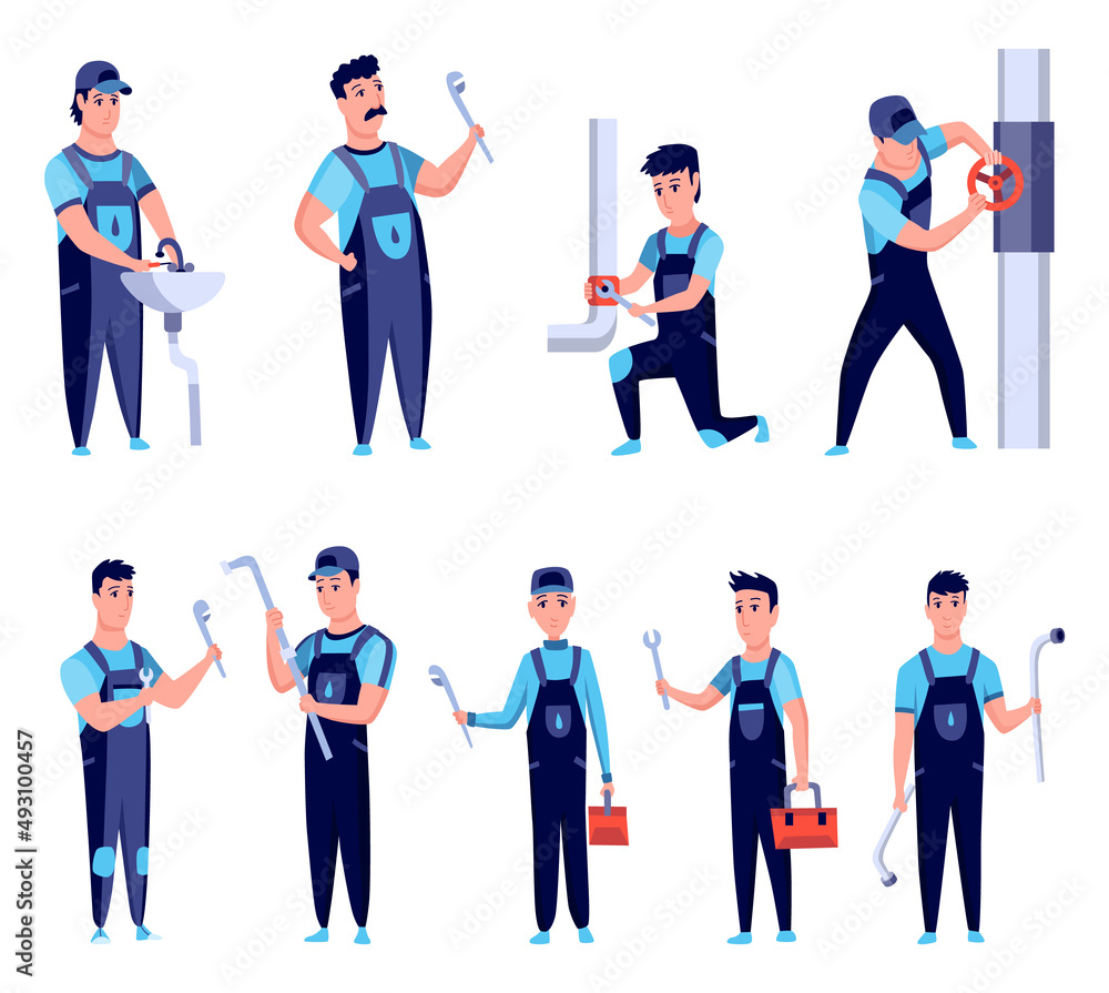 Plumbers. Professional plumbing work service. Cartoon handymens repairing engineering systems and pipe lines with tool. Repair service and maintenance concept. Water service installing and supply