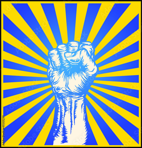 Concept vector illustration of support to Ukraine with strong raised fist in a ray yellow and blue background.