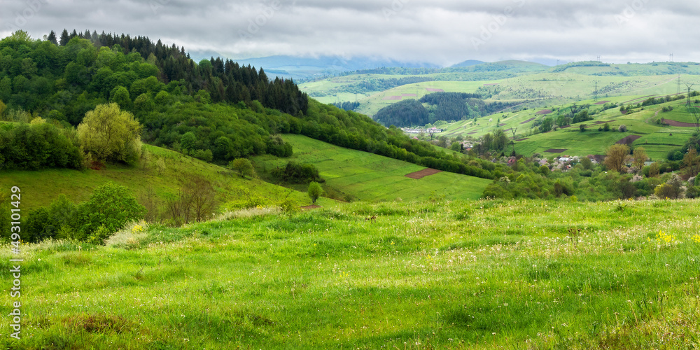countryside landscape on a cloudy day in mountains. village in the distant valley. green nature scenery in spring. grassy meadows and trees on the hills countryside landscape on a cloudy day in mountains. village in the distant valley. green nature scenery in spring. grassy meadows and trees on the hills
