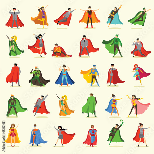 Vector illustrations in flat design of women, men and kids superheroes in funny costume