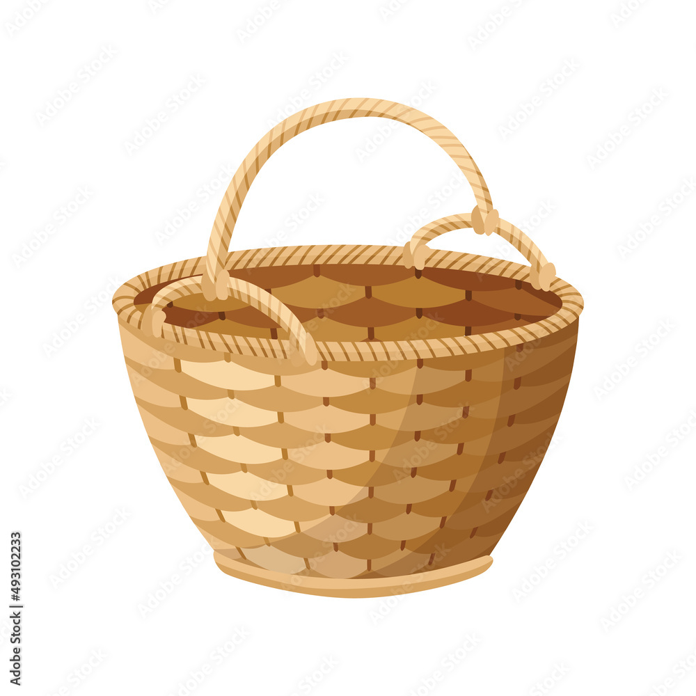 Wicker basket icon. Container hand woven. Decorative accessorie for storage or carrying. Straw handmade container. Empty basket, isolated on white background