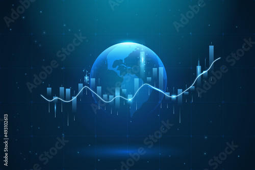 Photo Hi-tech hologram of planet Earth with glowing vector chart of investment financial data