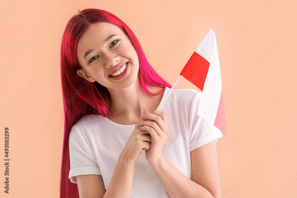 Pretty young woman with flag of Poland on color background Pretty young woman with flag of Poland on color background