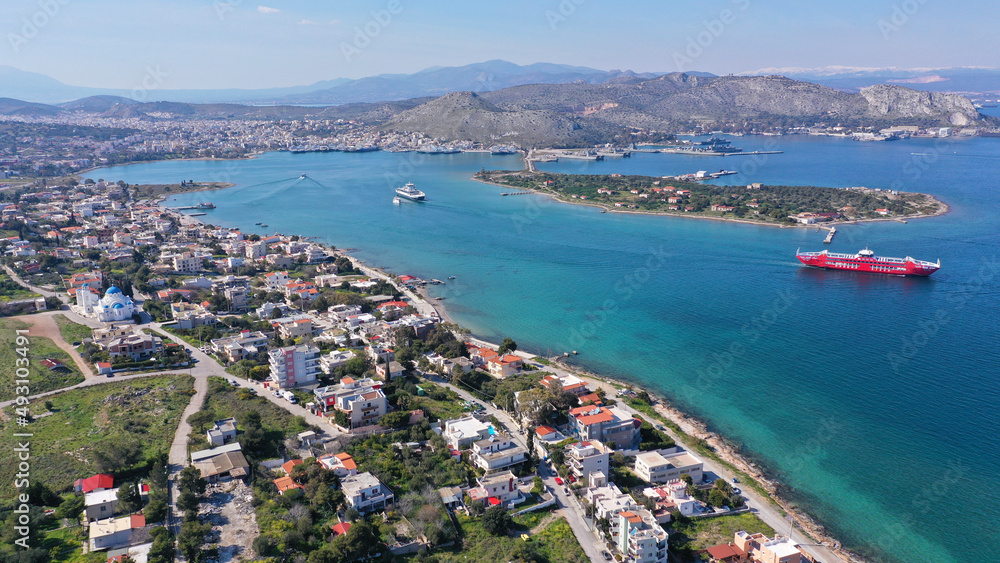 Aerial drone photo of small island of Agios Georgios next to Ferry port of Paloukia, Salamina island, Attica, Greece
