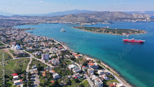 Aerial drone photo of small island of Agios Georgios next to Ferry port of Paloukia, Salamina island, Attica, Greece © aerial-drone