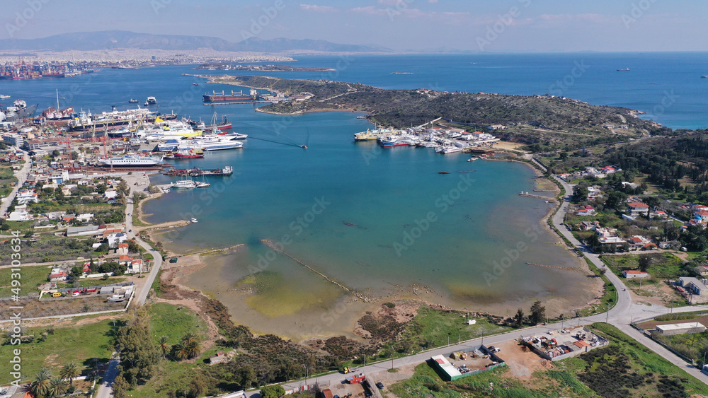 Aerial drone photo of old port of Salamina island place where historic battle of Salamina took place, Attica, Greece