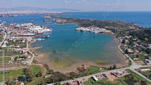 Aerial drone photo of old port of Salamina island place where historic battle of Salamina took place, Attica, Greece