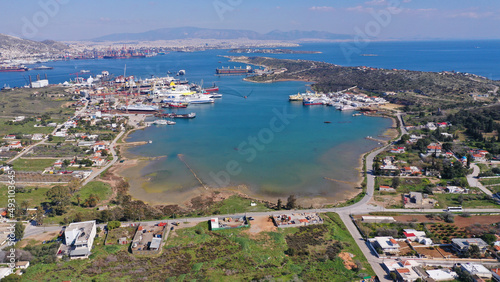 Aerial drone photo of old port of Salamina island place where historic battle of Salamina took place, Attica, Greece © aerial-drone