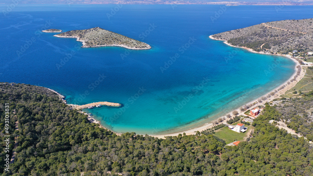 Fototapeta premium Aerial drone photo of Kanakia beach with crystal clear turquoise sea ideal for quiet vacation close to Athens, Salamina island, Saronic Gulf, Greece