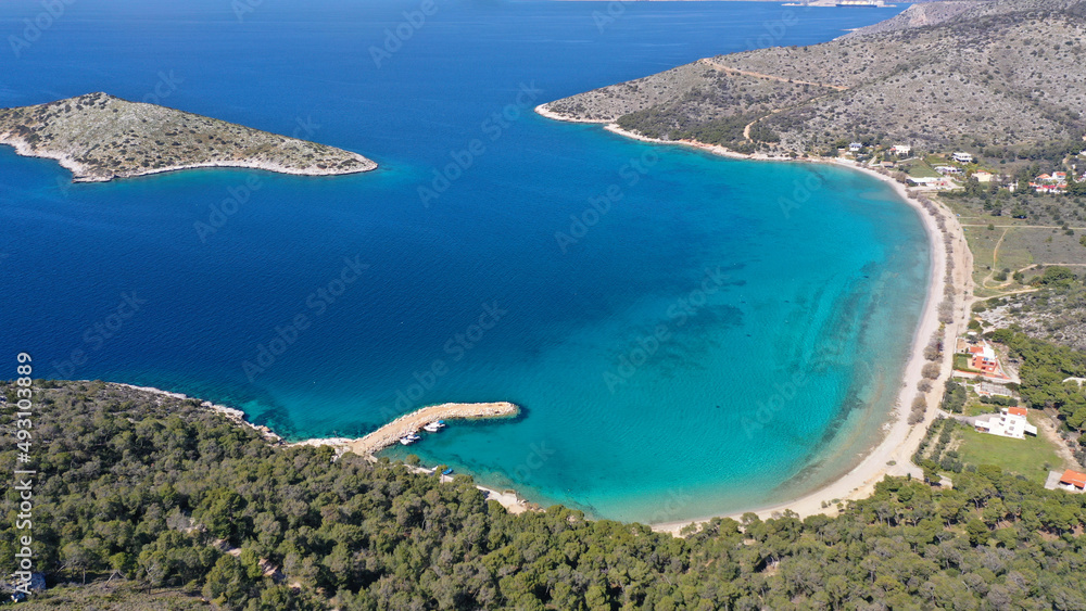 Aerial drone photo of Kanakia beach with crystal clear turquoise sea ideal for quiet vacation close to Athens, Salamina island, Saronic Gulf, Greece